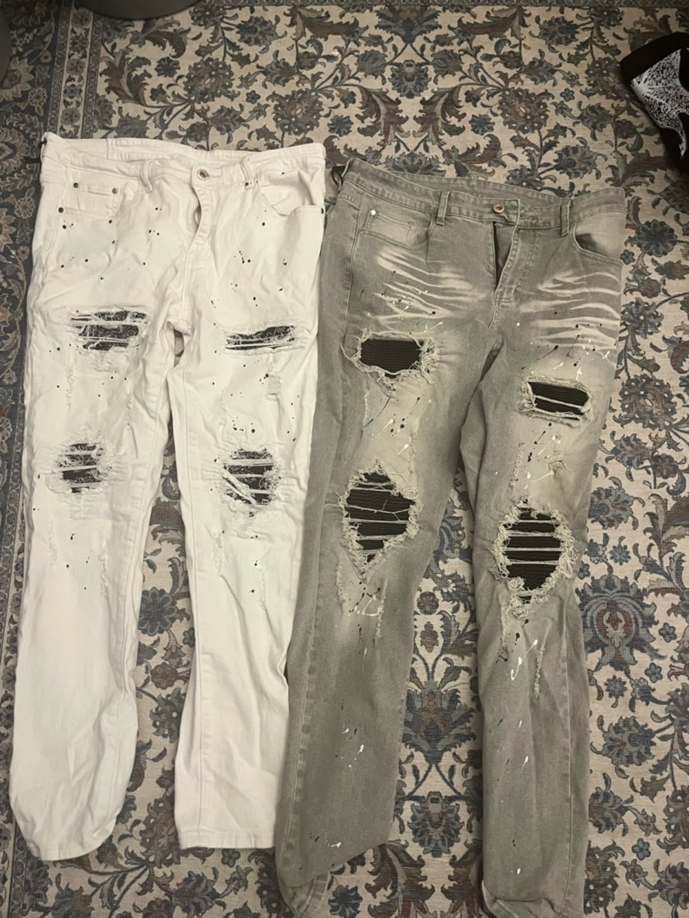 Men's Skinny Ripped Jeans in White and Gray - Distressed Paint-Splatter Style